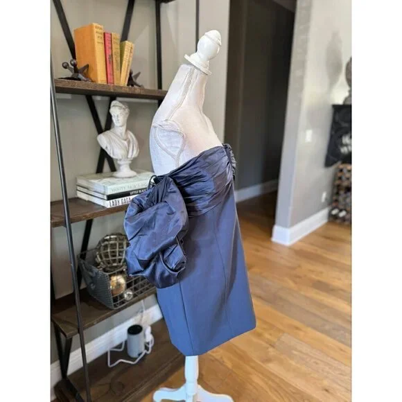 CINQ À SEPT Teo Ruched Satin Sheath Mini Dress Blue Womens Size 14 - Picture 7 of 12